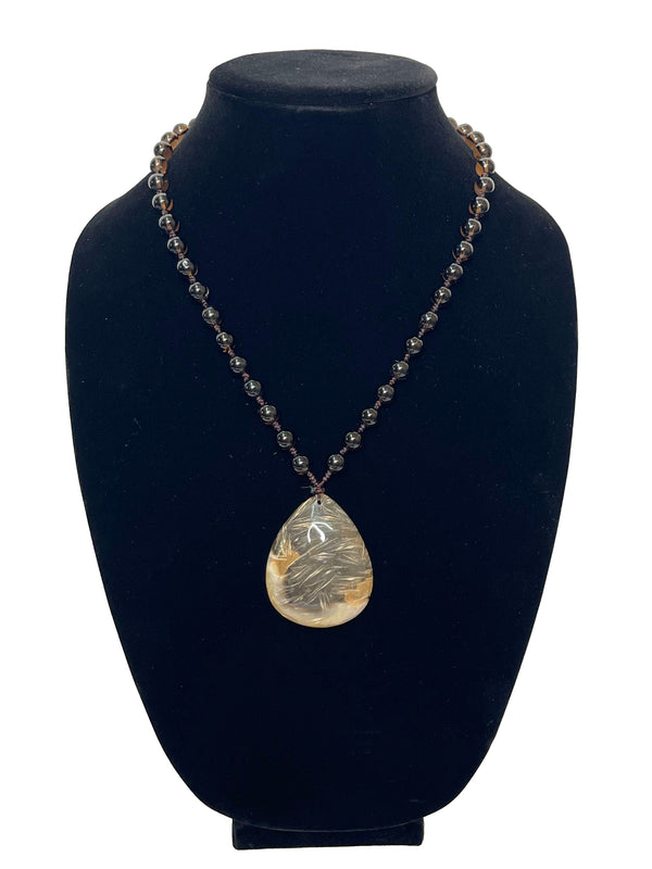 Rutilated Pendant with Smokey Quartz Beaded Necklace