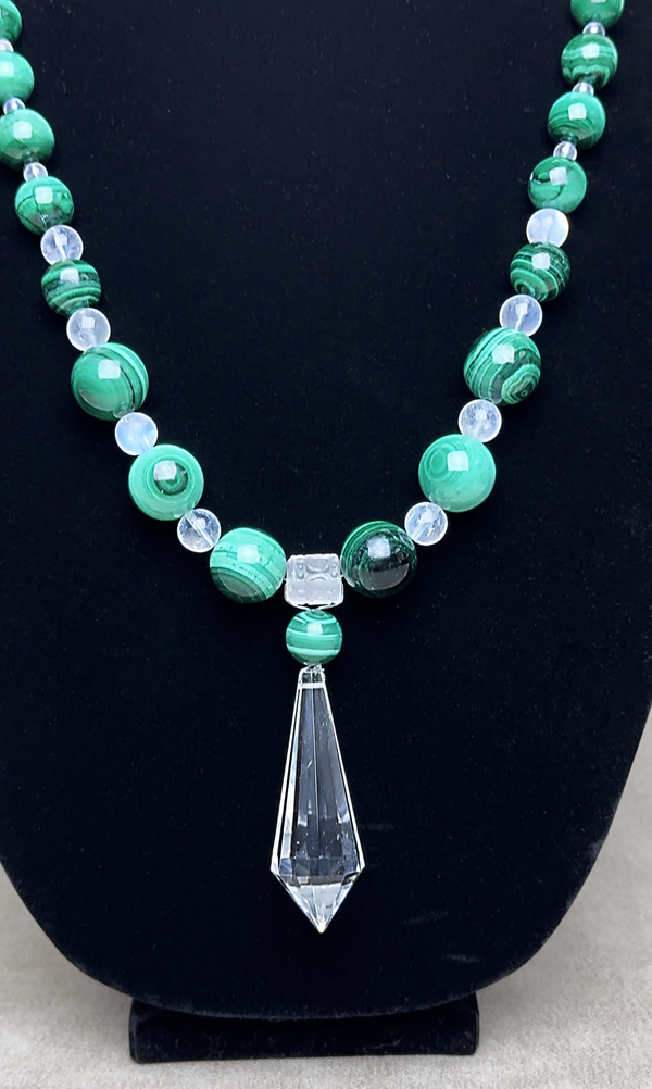 Malachite and Ice Moonstone Necklace & Clear Quartz